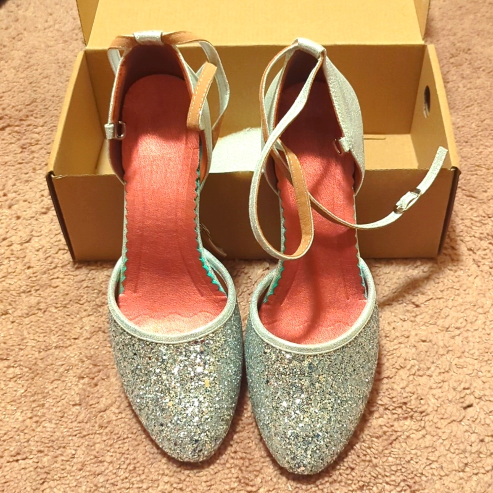 NEW Dance Shoes Sequin Mid Heel Dancing Heels Silver Ballroom Salsa Dance 41